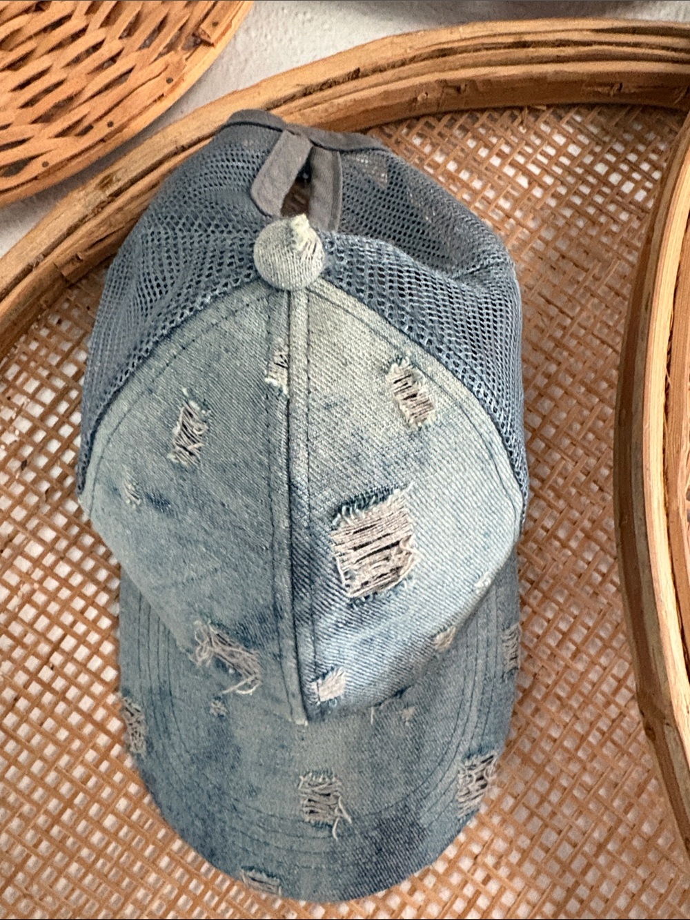 Distressed Light Blue Denim Ponytail Ball Cap